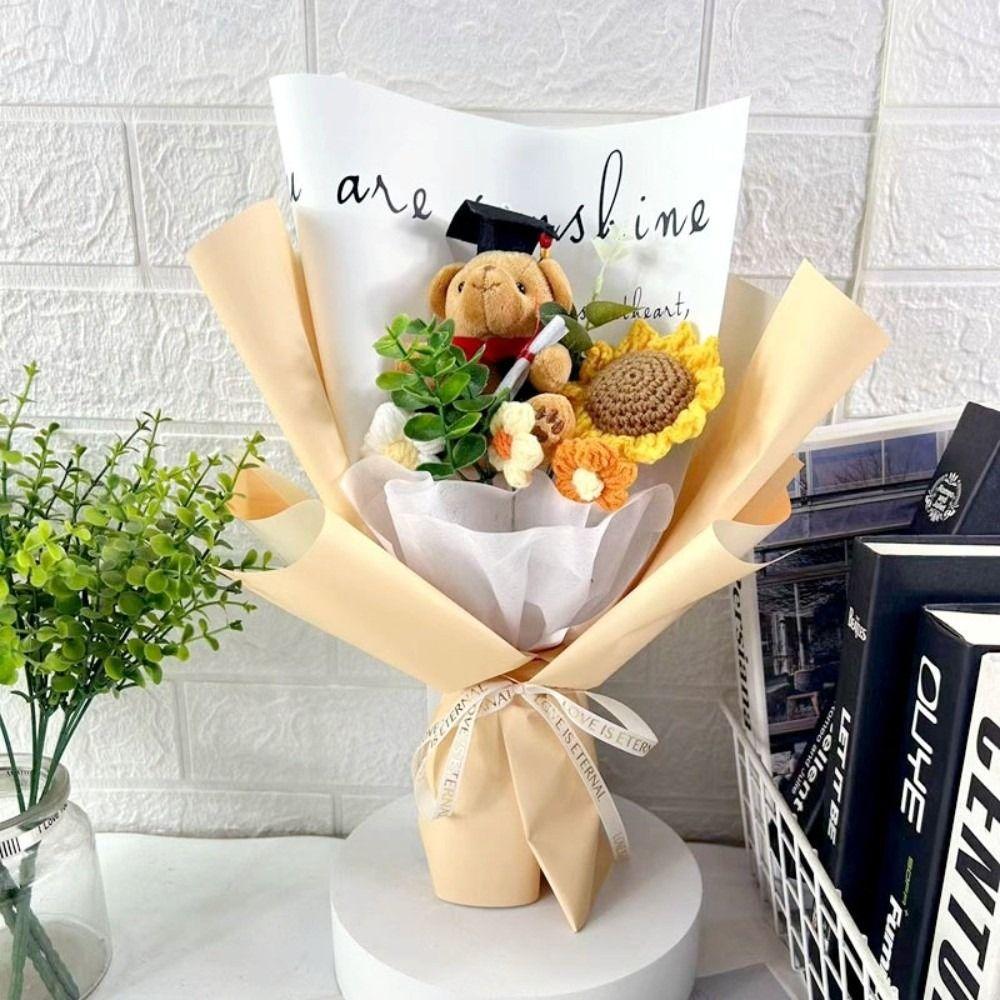 New Lovely Bear Simulated Flower Bouquet Crochet Sunflower Handmade Sunflower Flowers Animal Bouquet Graduation Ceremony