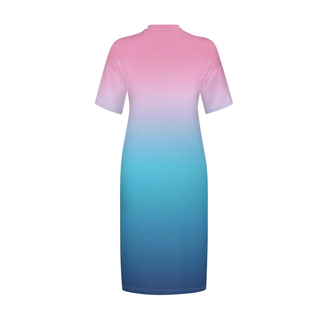 Лето плюс размер V-образным вырезом с коротким рукавом и карманом до колена с градиентным принтом повседневное платье для женщин