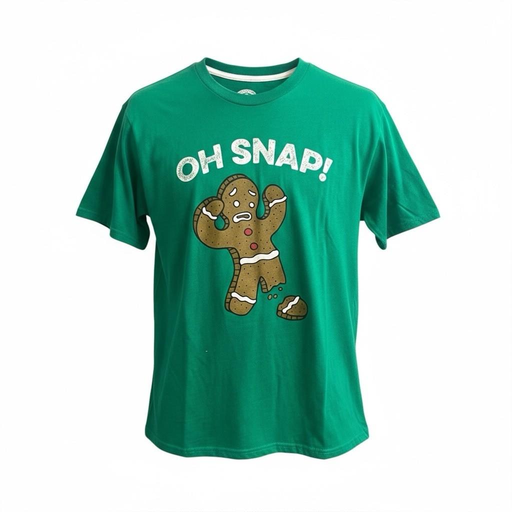 Gingerbread Man Oh Snap Christmas T-shirt Large Green Brown Crewneck SS Holiday