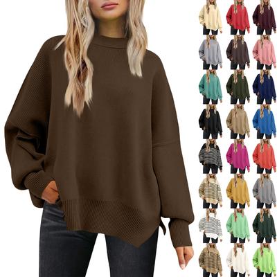 Женский модный свитер с круглым вырезом и длинными рукавами, вязаный пуловер с боковыми разрезами