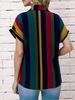Women's Vintage Striped Short Batwing Sleeve Shirt Collar Blouse, Polyester Material, Button Front, Autumn Essential Casual Summer
