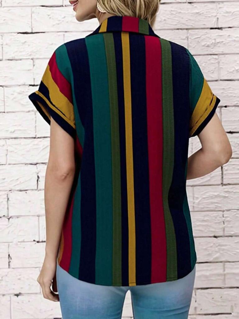 Women's Vintage Striped Short Batwing Sleeve Shirt Collar Blouse, Polyester Material, Button Front, Autumn Essential Casual Summer