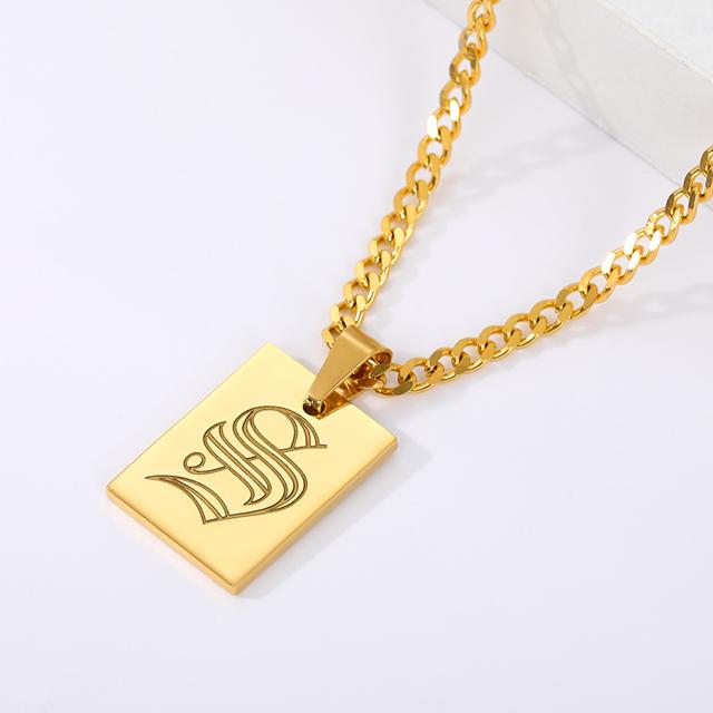 Gothic A -Z Initial Letter Statement Necklace For Women Men Stianless Steel Square Letter Rectangle Medallion Choker Jewelry