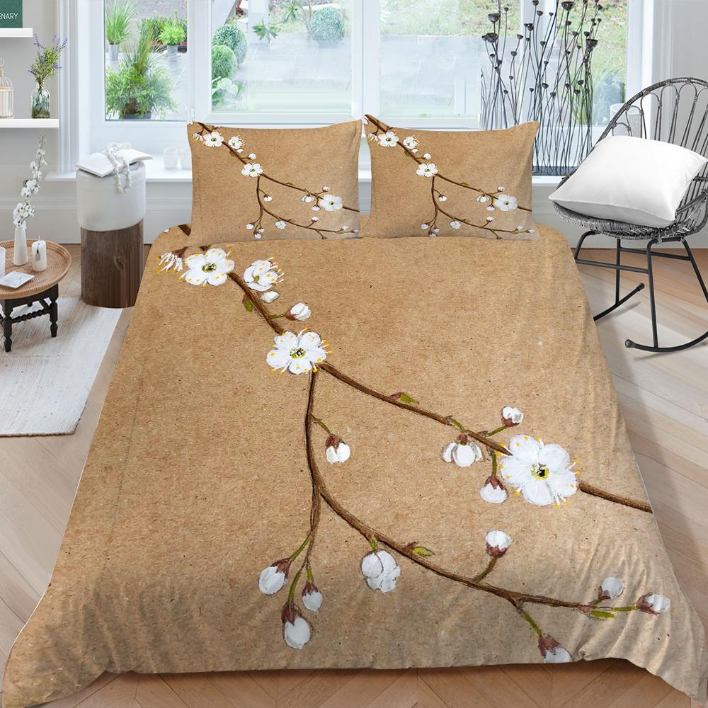 3D Family Bedding Single Double Bed Full Size Bedding Plum Blossom Pattern Pillowcase and Quilt Cover Noble and Washable Family Decoration