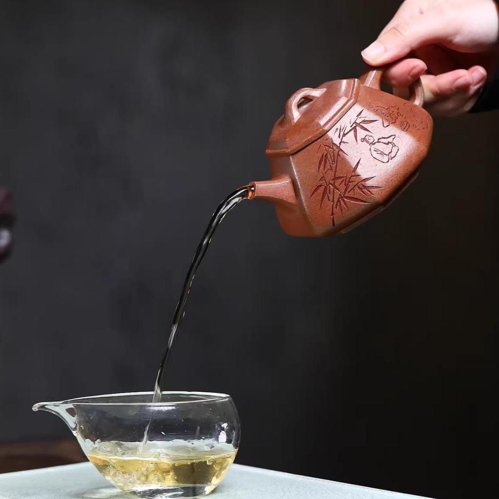 Eight-Sided Engraved Agarwood Clay Yixing Zisha Teapot by Renowned Artist