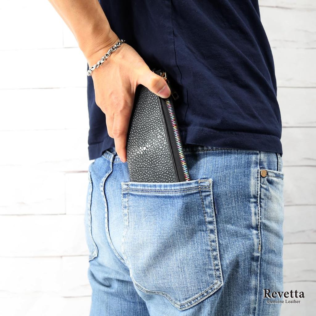 [Revetta] Длинный кошелек из кожи ската, L-образная молния YKK MIX Color, Черный галуша из кожи ската, Мужской и женский, Натуральная кожа [164-1stw]