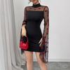 Новое Весенне-Летнее Женское Платье Короткая Юбка Прикрывающее Бедра Сексуальное Сетчатое С Длинным Рукавом Облегающего Кроя