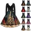 Women's Casual Fashion V Neck Long Sleeve Christmas Printed Party Vintage Long Dresses