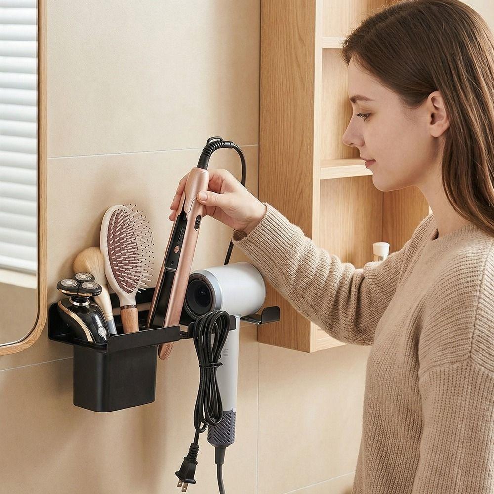 Wall Mounted Hair Dryer Holder Carbon Steel Curling Iron Shelf Toilet Blower Holder  Hairbrush