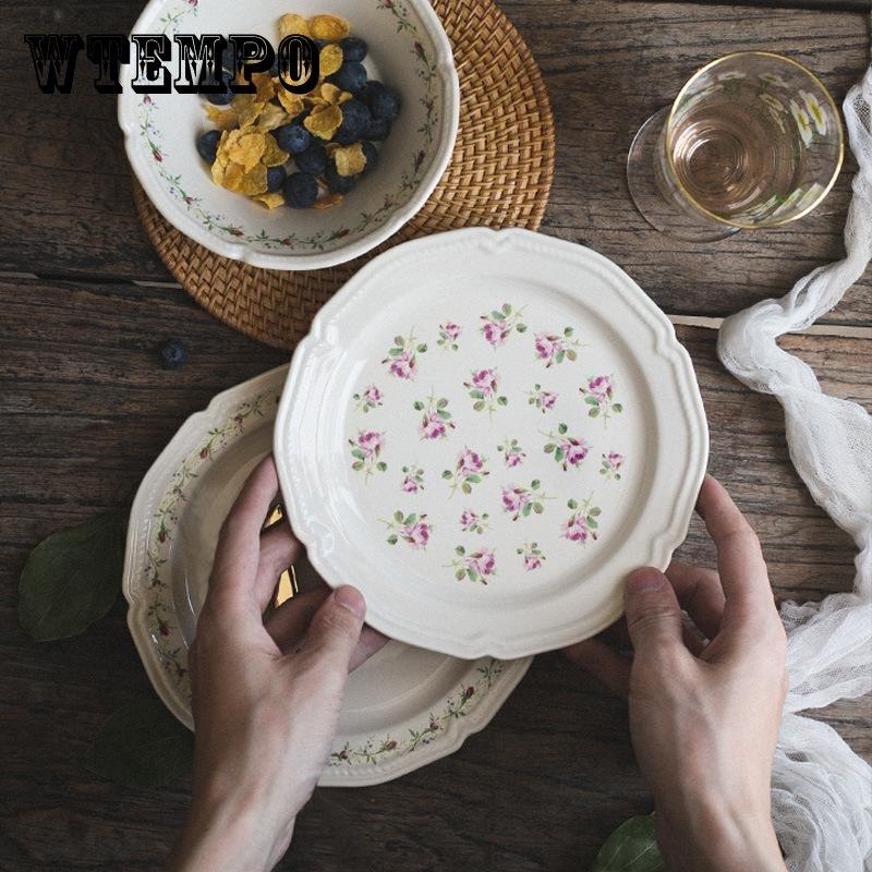 Тарелка с французским тиснением и цветком ротанга, керамическая тарелка с фруктами, тарелка в стиле ретро, посуда