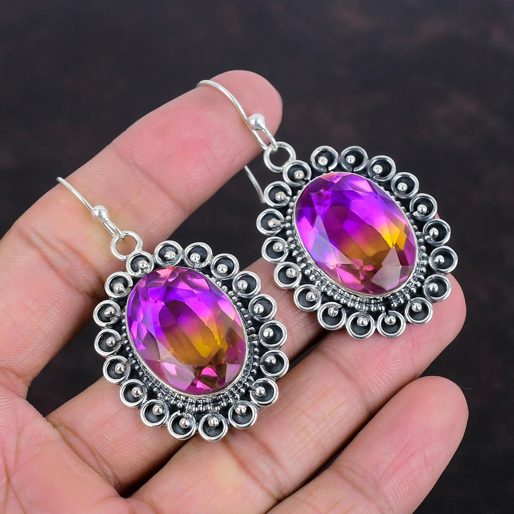 Серьги с граненым аметрином, серьги с натуральным драгоценным камнем, потрясающие ювелирные изделия, серьги из стерлингового серебра 925 пробы, ювелирные изделия ручной работы, висячие серьги, подарки для нее