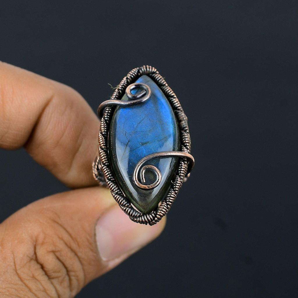 Лабрадорит драгоценный камень медная проволока обернутая ювелирное кольцо ручной работы для нее