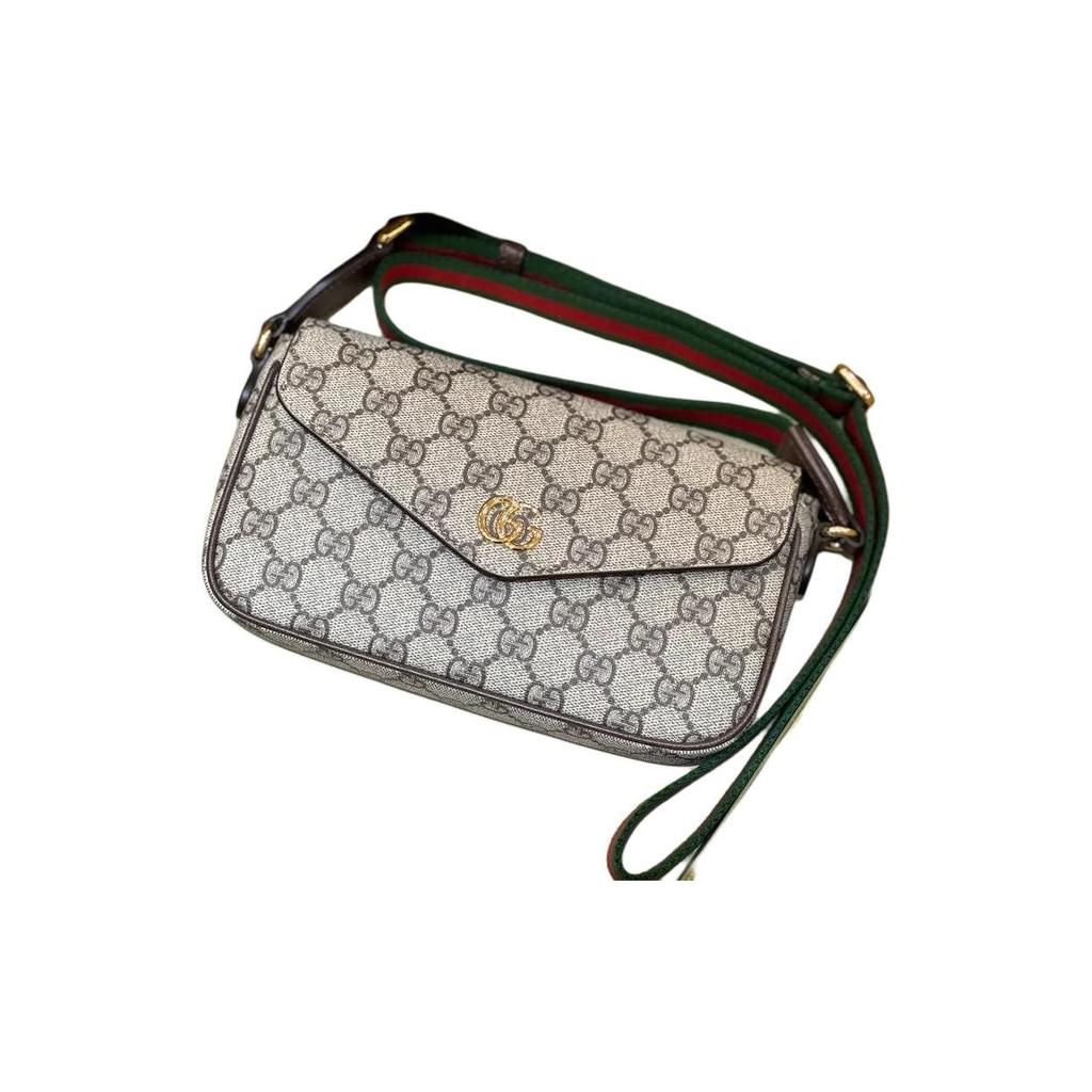 Gucci Ophidia Сумка на плечо мини с логотипом Double G, застежкой на кнопку, из канвы и кожи, женская, коричневая 764961-96IWG-8745