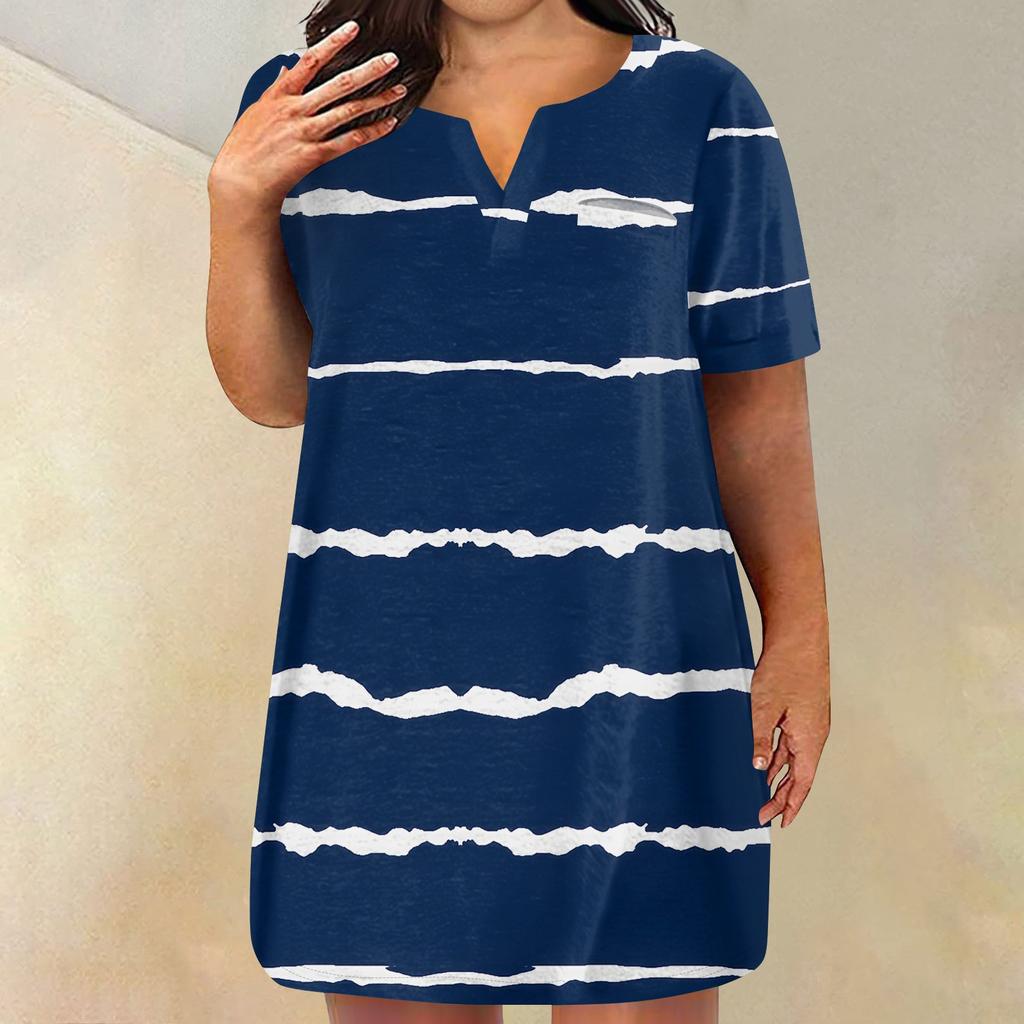 Женские платья больших размеров с V-образным вырезом и коротким рукавом, летнее повседневное однотонное платье-туника с карманом