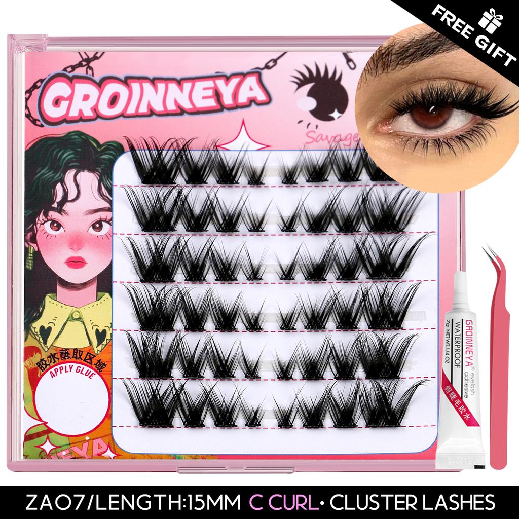 GROINNEYA DIY Eyelash Extension Kit Individual Lashes Cluster Mix Lash Clusters with Lash Bond and Seal and Lash Accessories