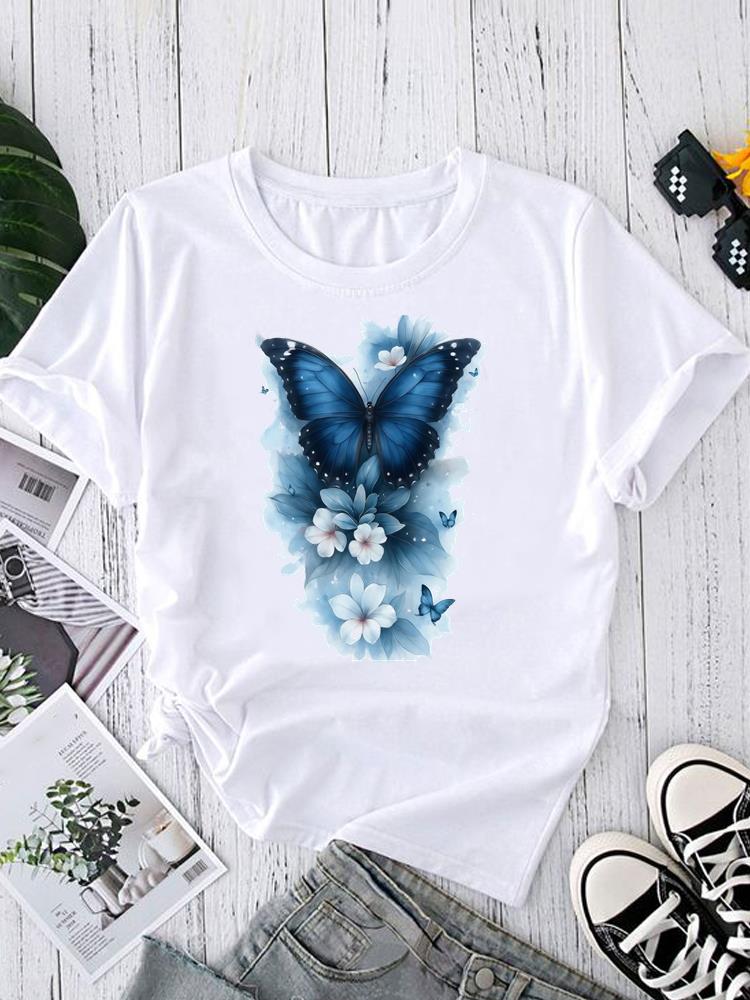 (Азиатский размер) Женский топ T-shirt тренд с перьями милый Принт Короткий рукав Футболки Мода Женский Повседневный Круглый вырез Графическая футболка