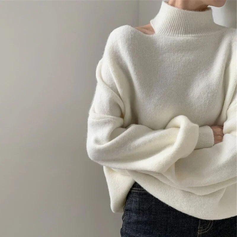 Casual Loose Outerwear Knit Tops Autumn Winter Fashion Sexy Off Shoulder Turtleneck Sweater Pullovers Women Solid Clothes 28353