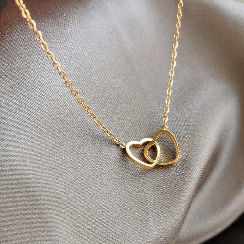 Interlocking Double Heart Necklace for Women, Dainty Love Heart Pendant Chain Necklace, Minimalist Gold Silver Heart Jewelry Gift for Valentines Day