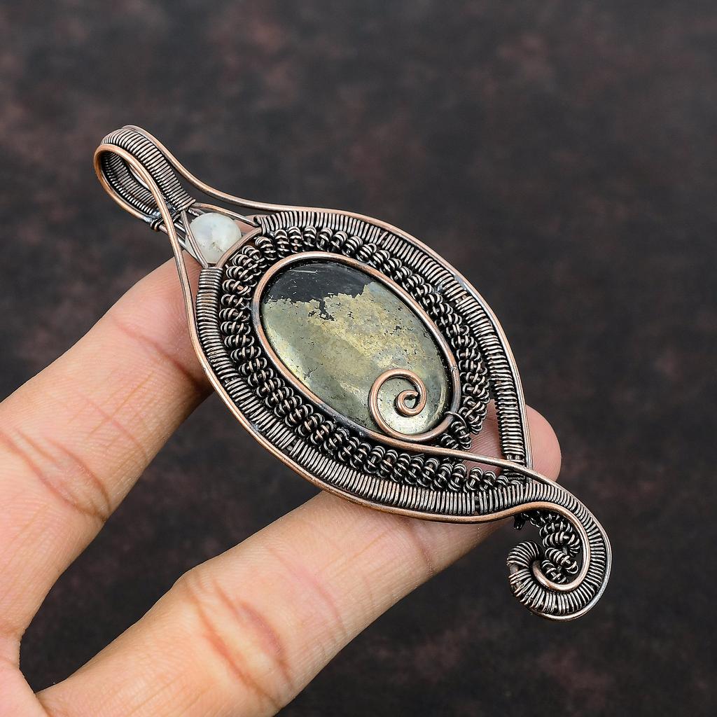 Пирит Медный кулон с проволочной обмоткой, медная проволочная обмотка, ювелирные изделия, радужная подвеска с лунным камнем, подарок для него, ювелирные изделия из пирита ручной работы