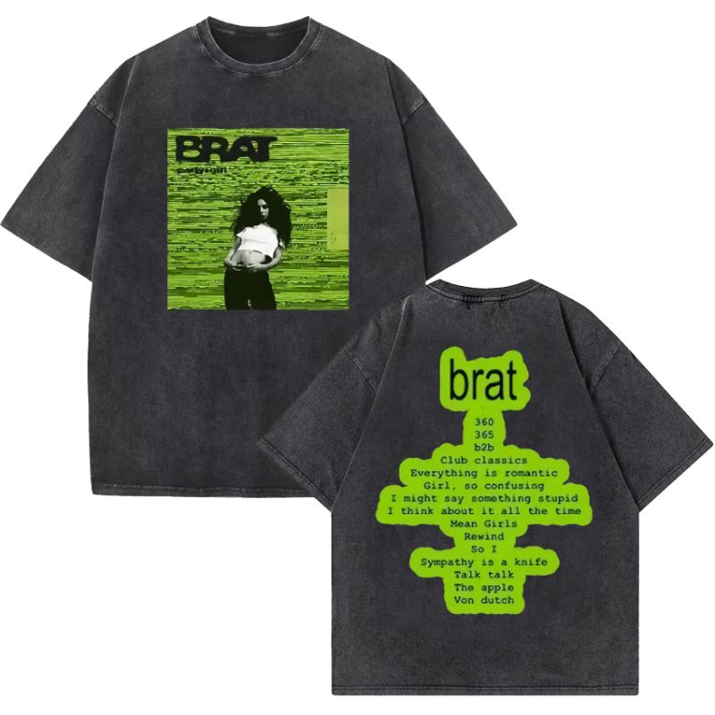 Charli Xcx Brat Tour Album Letter Print T Shirts Women Hip Hop High Quality Vintage Washed Fashion Tshirt Unisex Streetwear