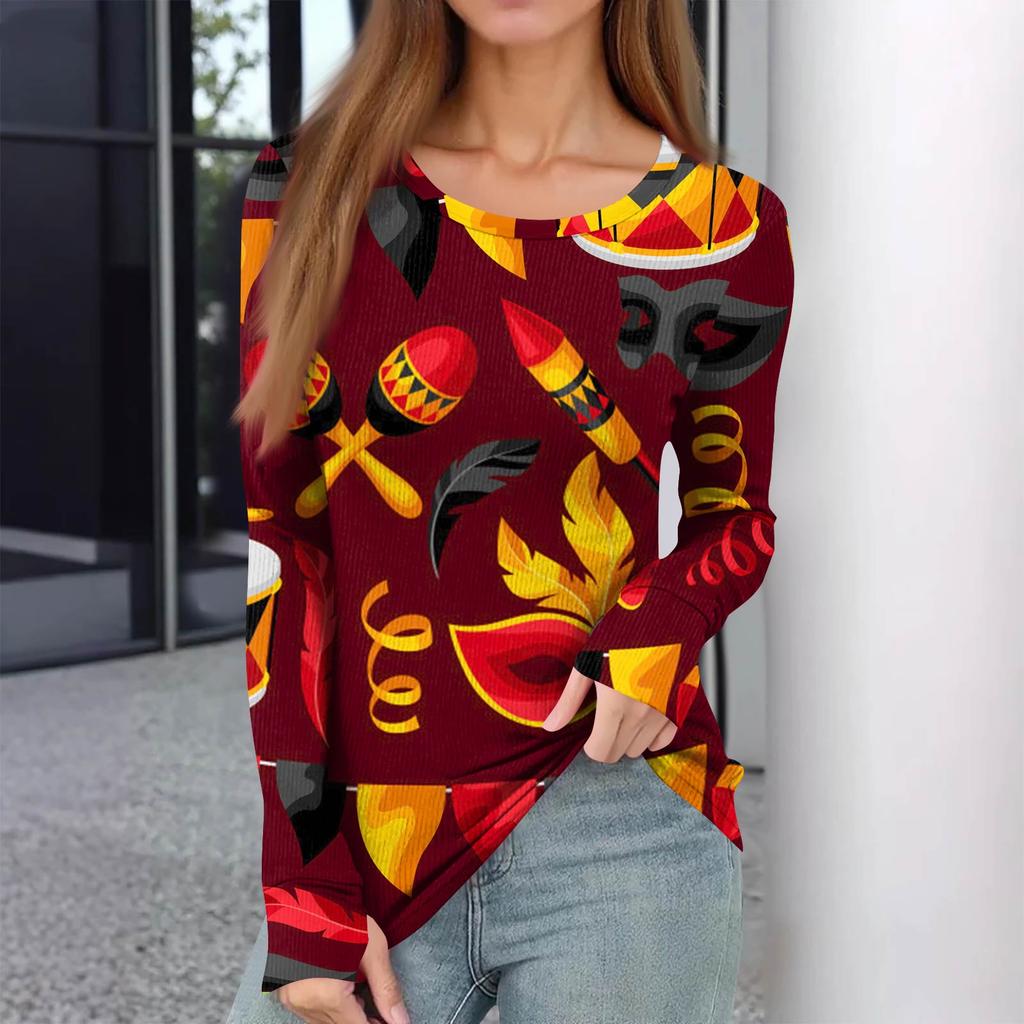 Женская зимняя приталенная футболка Модная повседневная с принтом, с круглым вырезом, пуловер, топ с длинным рукавом