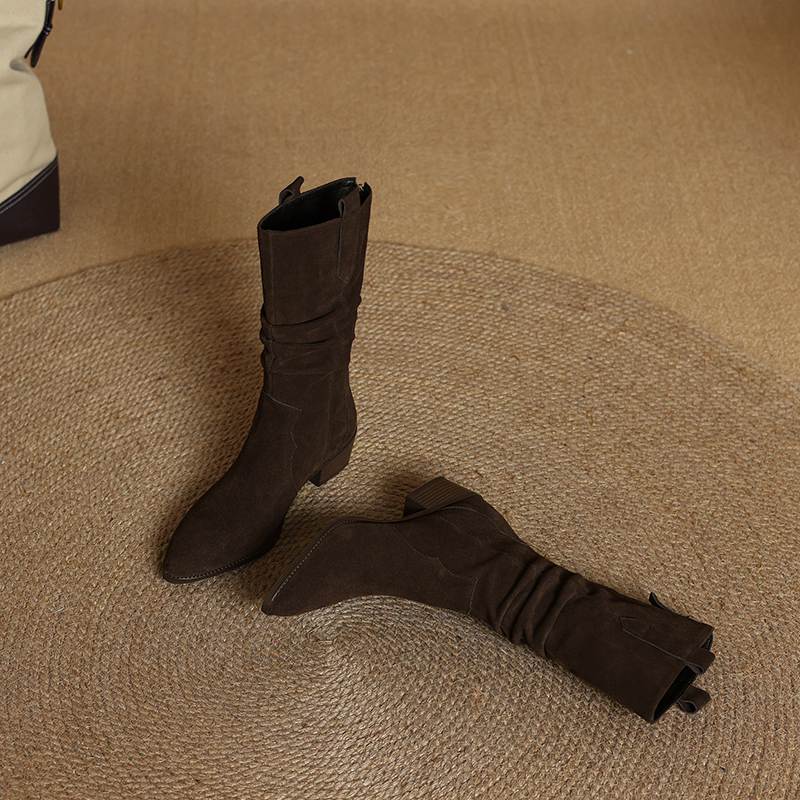 Krazing Pot Зимние женские сапоги из коровьей замши и нубука с круглым носком и средним каблуком, элегантные женские сапоги до середины голени в стиле ретро со складками