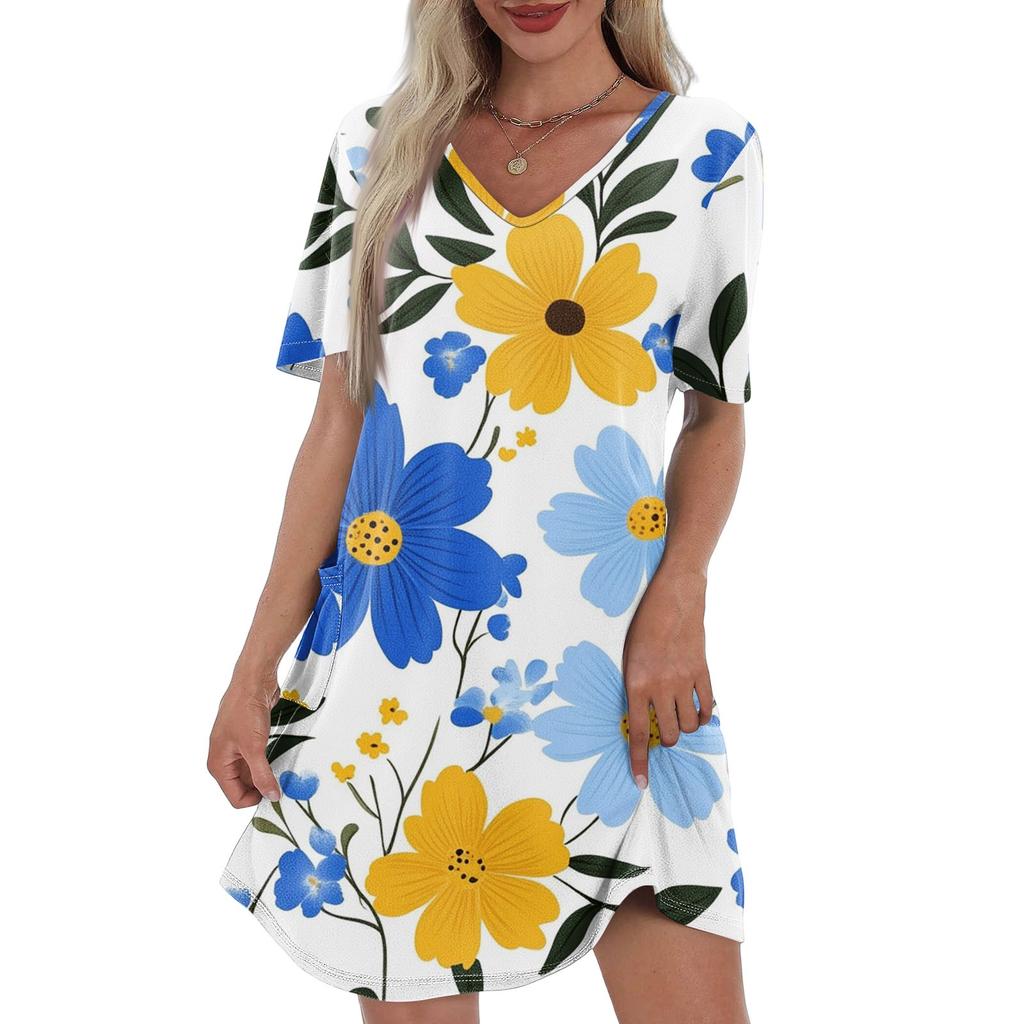 Women's Summer Fashion Casual V-Neck Floral Print Short Sleeve Pocket Dress