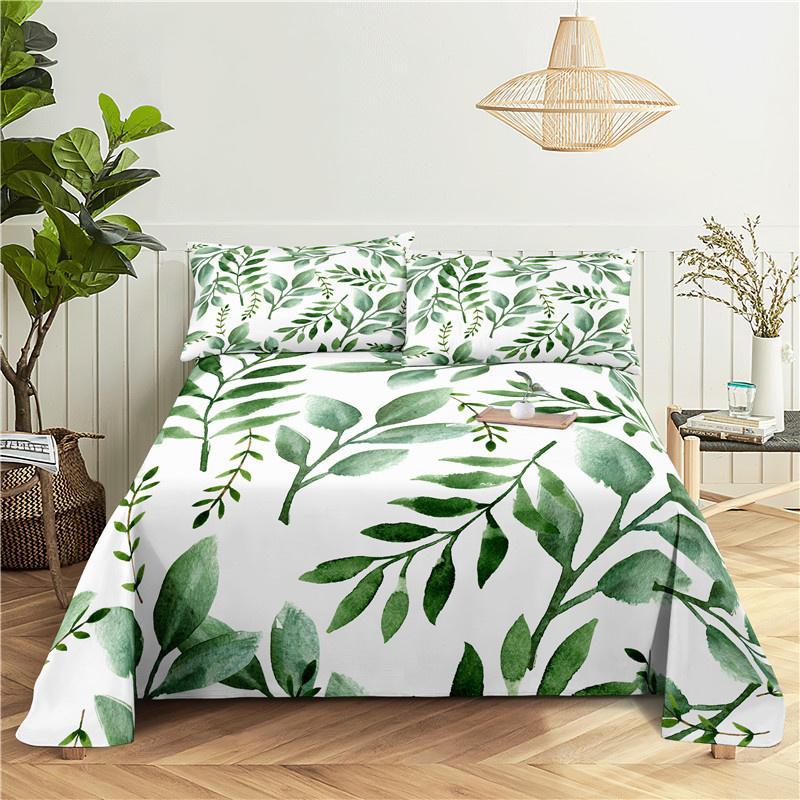 Green Leaves 0.9/1.2/1.5/1.8/2.0m Digital Printing Small Fresh Polyester Bed Sheet With Pillowcase Print Bedding Set