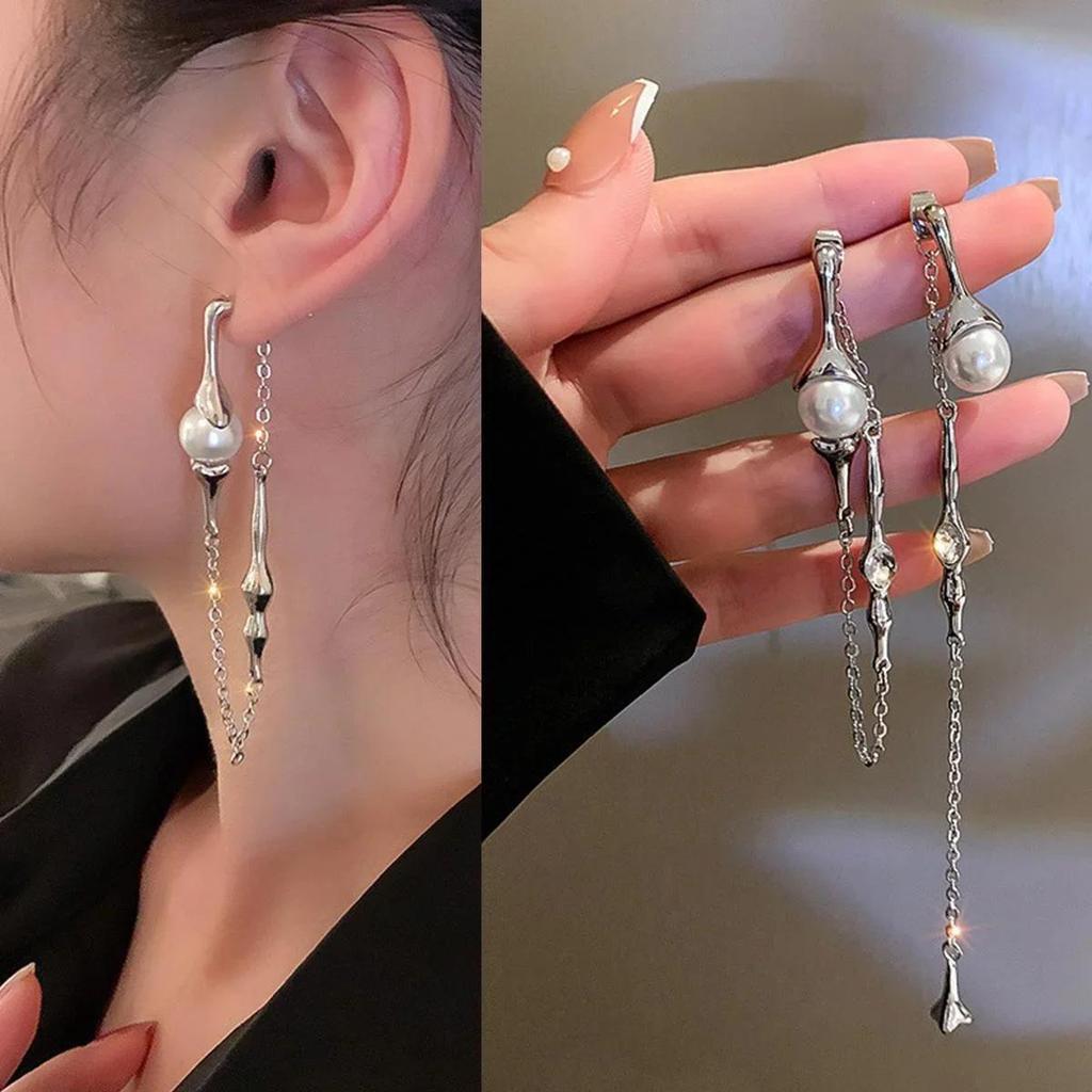 2024 Statement Fashion Ladies Asymmetric Pearl Long Tassel Earrings Korean Style A Two-wear Drop Chain Jewelry Accessories