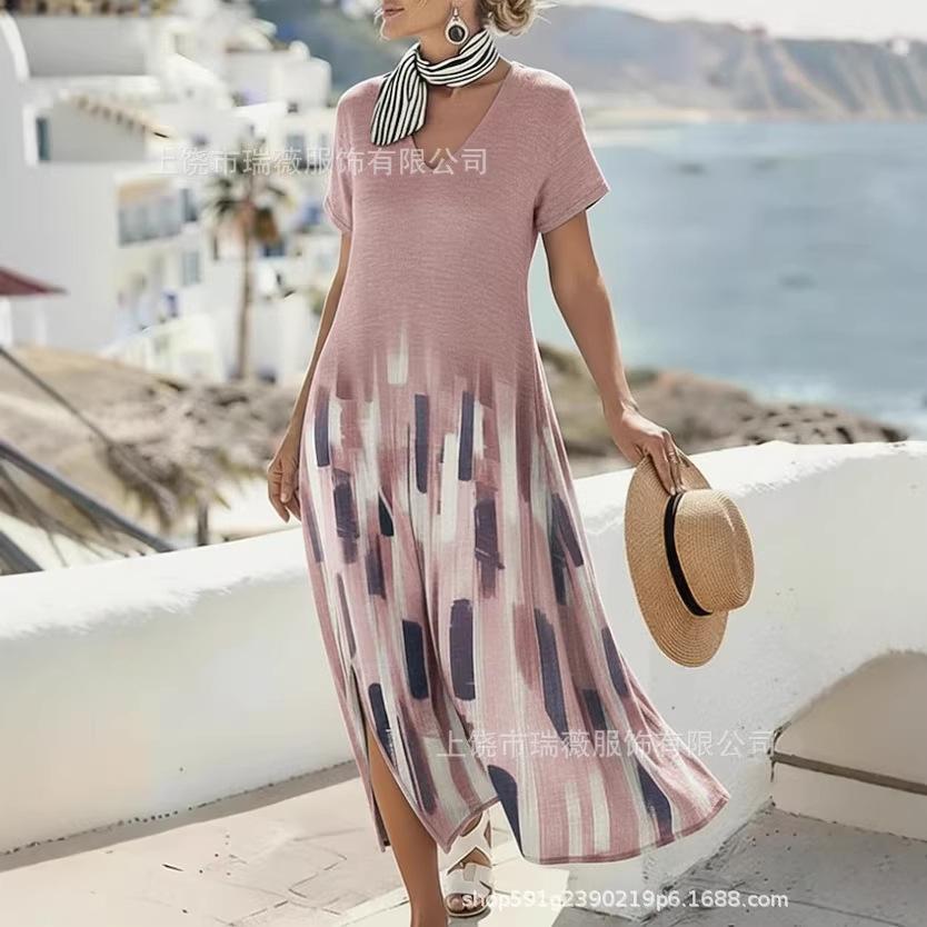 1116 European and American fashion digital printing V-neck dress vacation style