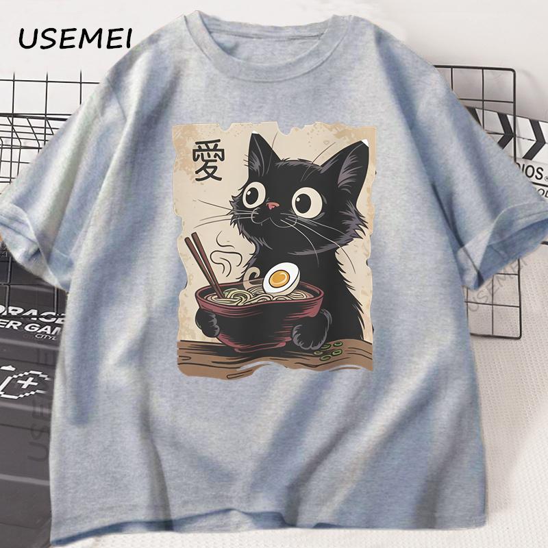 Смешная футболка с котом и раменом, графическая футболка, японская каваий аниме футболка с котом, мужская, женская, повседневная, с коротким рукавом, хлопковая футболка