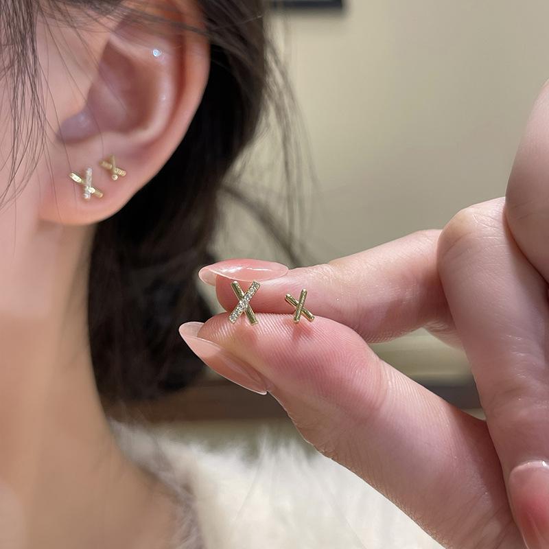 Cross Stud Earrings Women's Simple Light Luxury X-shaped Letter Glossy Earrings Niche Thin Face Inlaid Zircon Student Earrings