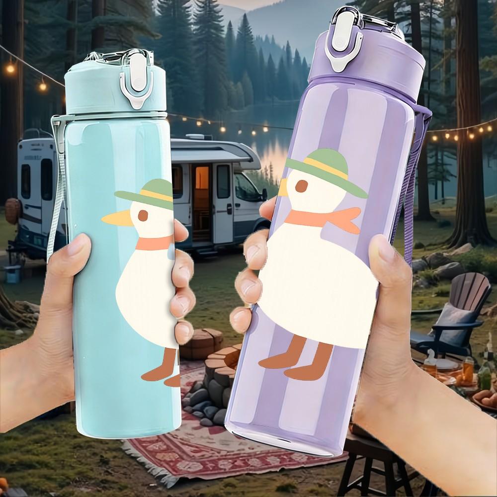 1PC Cartoon White Duck Figure 750ml Color Plastic Sports Water Bottle Leakproof Flip Straw Lid For Sports Office Home Use