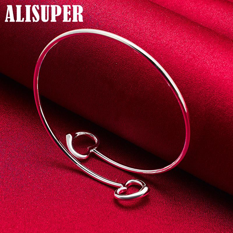 Браслет из стерлингового серебра 925 пробы с двойным сердцем, ювелирные изделия