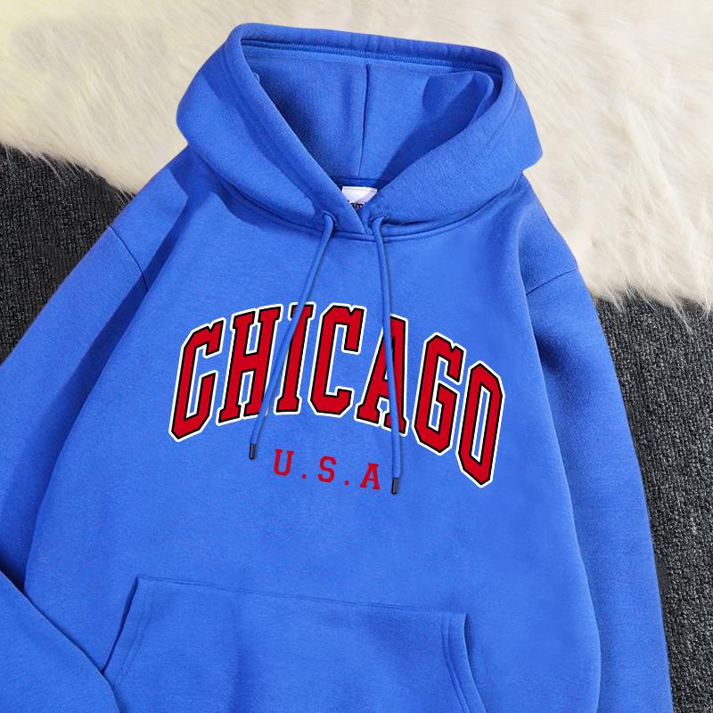 Повседневная женская толстовка с капюшоном Chicago Usa City Letter Graphic Printing Pullover Флисовая удобная толстовка с карманами Осенняя уличная одежда