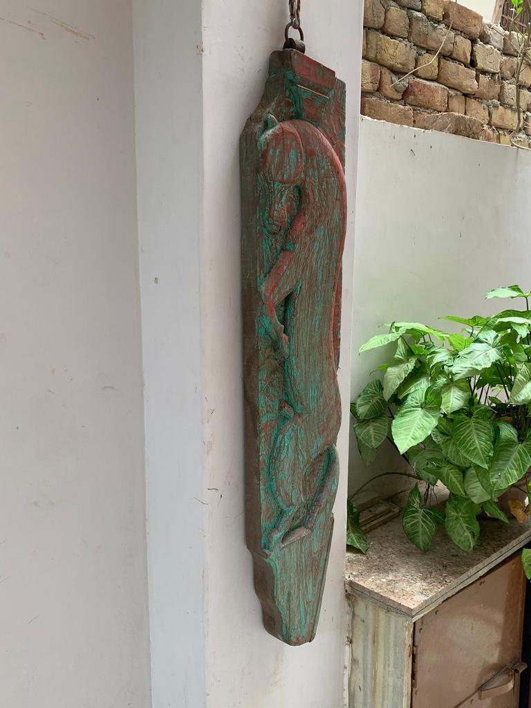 Distressed Antique Carved Wood Wall Panel: Indian Animal Statue Decor