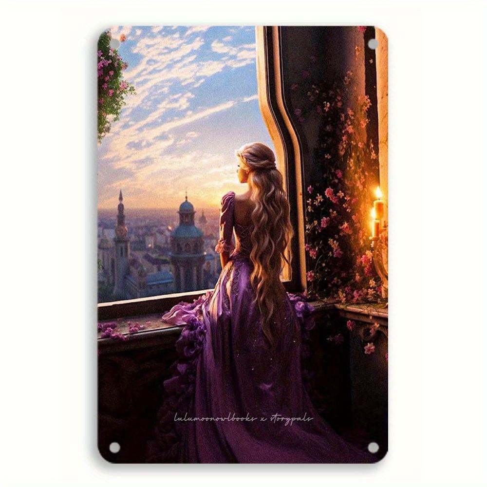 1pc Enchanted Princess Metal Tin Sign 8x12 Inch - Vintage Wall Art with Long-Haired Princess In Purple Dress, Castle & Floral De