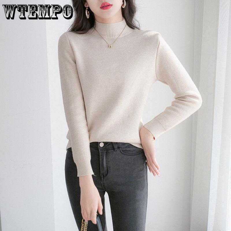 Женские зимние бархатные теплые свитера, однотонные повседневные джемперы на флисовой подкладке, корейские тонкие толстые вязаные пуловеры с полувысо...