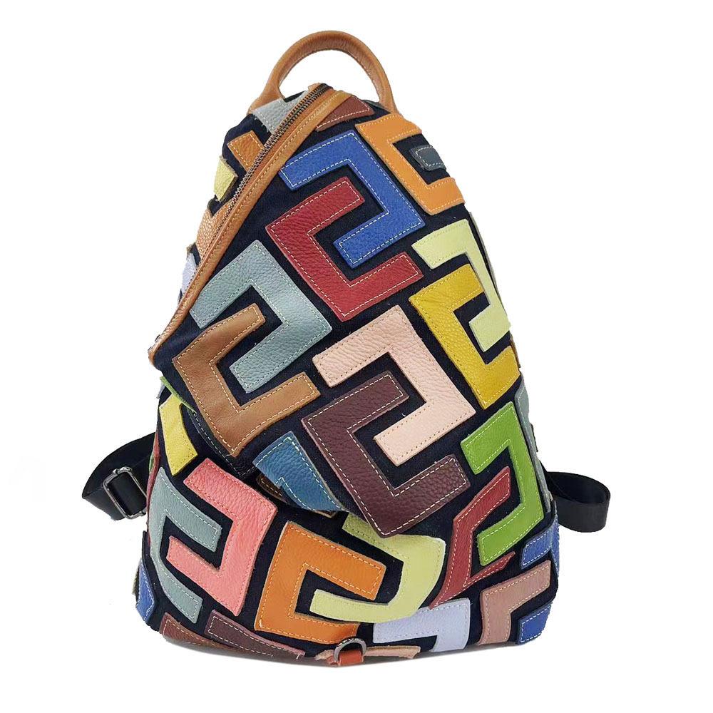 Рюкзак кожаный женский цветной коровья кожа сращивание рюкзак ретро повседневная женская сумка