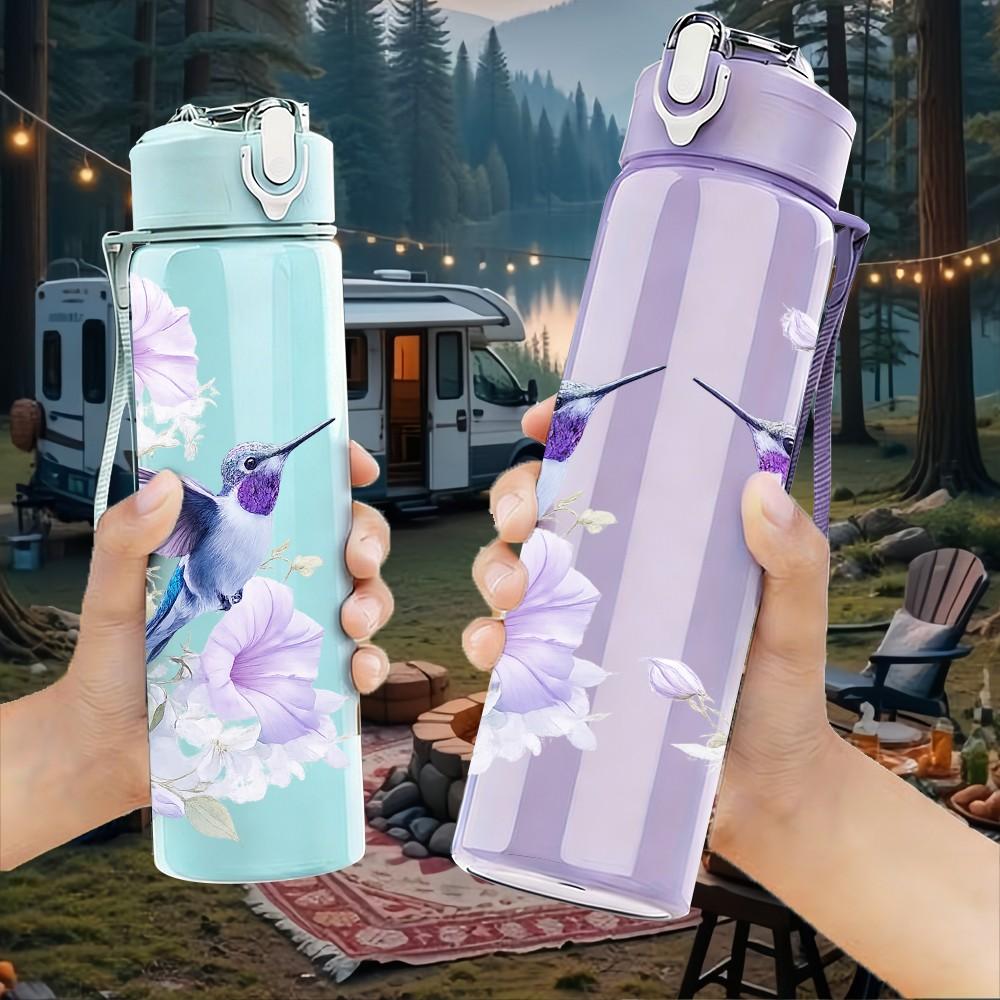 1PC Two Hummingbird Bird Print 750ml Color Plastic Sports Water Bottle Leakproof Flip Straw Lid Suitable for Sports Office Home Use