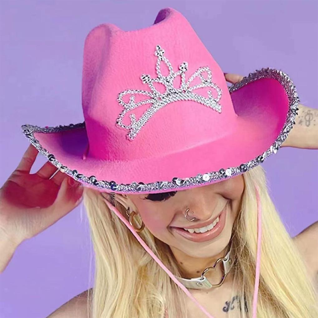WUUISDNX Премиальная ковбойская шляпа Модная Широкая Подходящие Случаи Яркий Ковбойский Стиль Акриловые Волокна Ковбойская Шляпа Для Взрослых, Розовая разноцветная