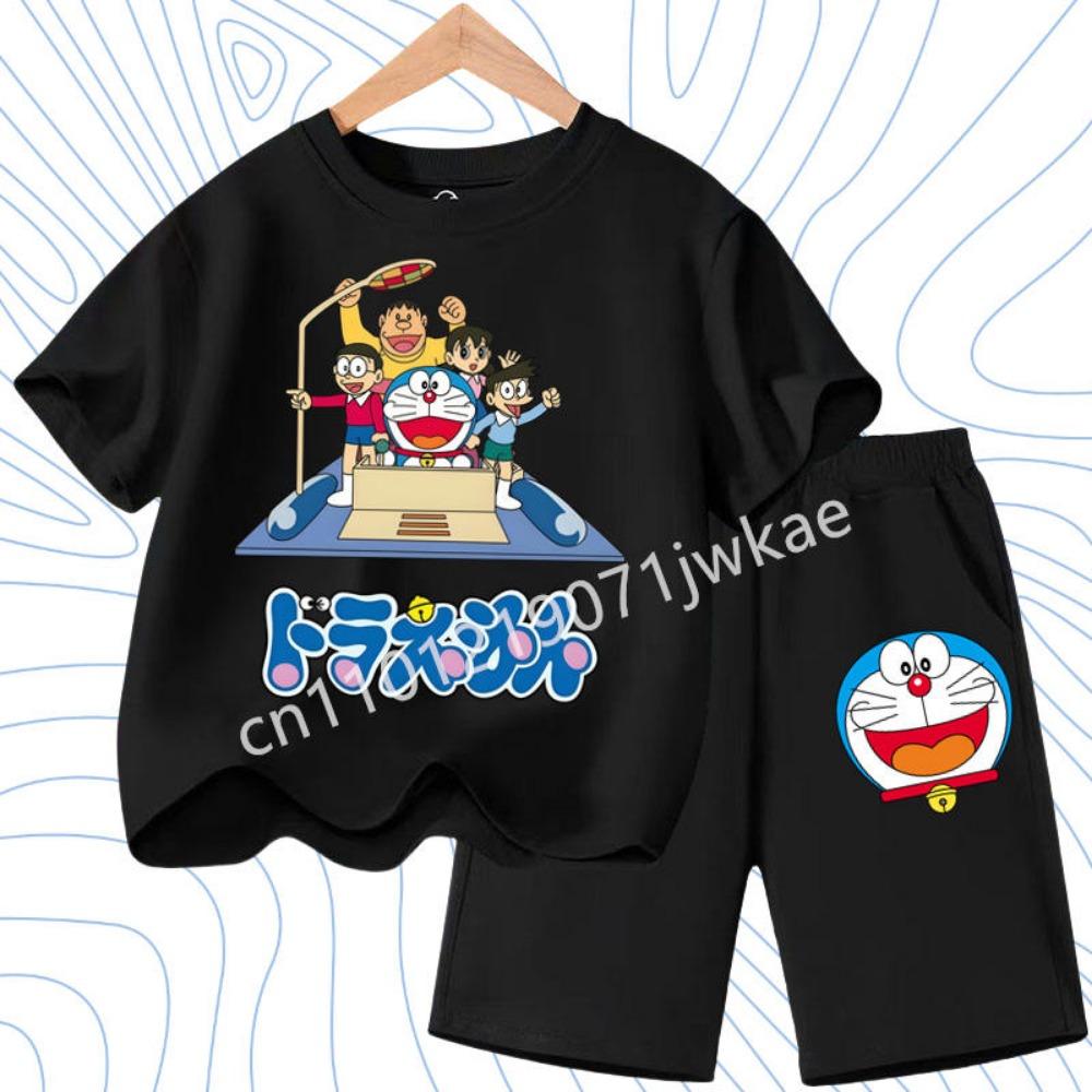 2026 Summer Clothes Birthday Gift Doraemon Children T-shirt Set Cute Cartoon Tees Boy Girl Short Sleeves Shorts 2pcs Set Kid Top