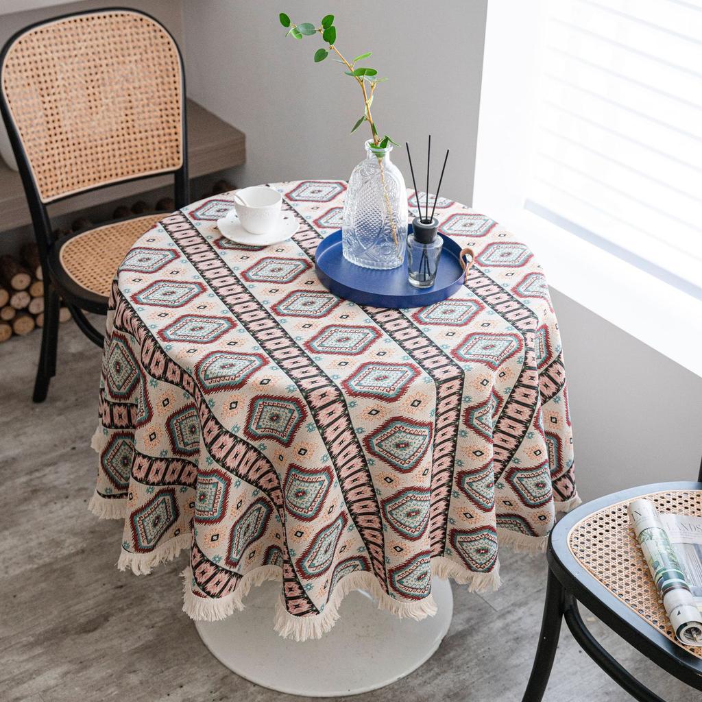 Floral Round Tablecloth with Tassels Diameter – Light Blue Polyester Jacquard Design, Decorative Lace and Fringe Detail for Dining