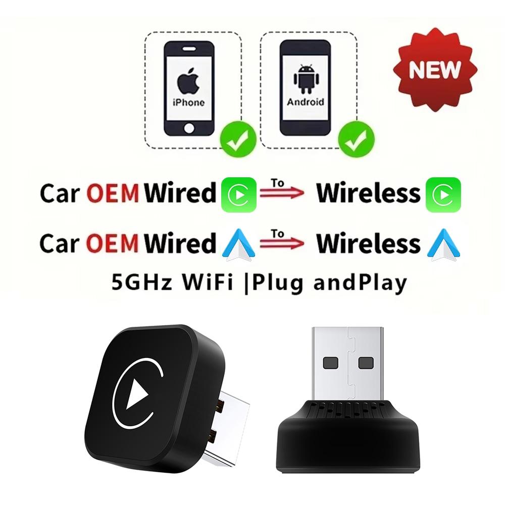 USB 2 в 1 Беспроводной адаптер CarPlay Подключи и работай Автоматическое подключение Без задержек Преобразует проводной в беспроводной Совместим для iPhone Android
