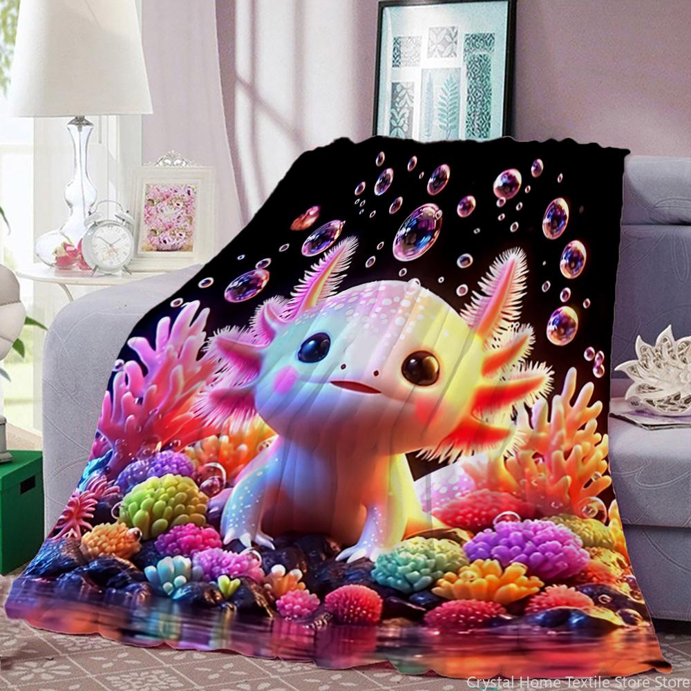 Flannel Throw Blanket Cute Cartoon Little Salamander HD Print,suitable for sofas,beds,offices,travel,camping chairs,warm blanket