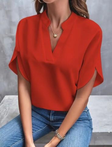 1116 Summer New V-Neck Shirt Women's Solid Color Casual Versatile European and American Short Sleeve Pullover