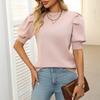 Women Knitting Tops Round Neck Puff Short Sleeve Solid Color Summer Tops