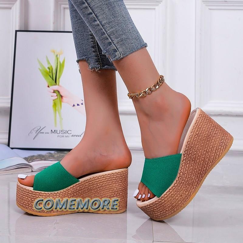 Модные высококачественные мягкие кожаные удобные женские туфли лето 2024 роскошные тапочки уличные сандалии на танкетке с открытым носком женские шлепанцы