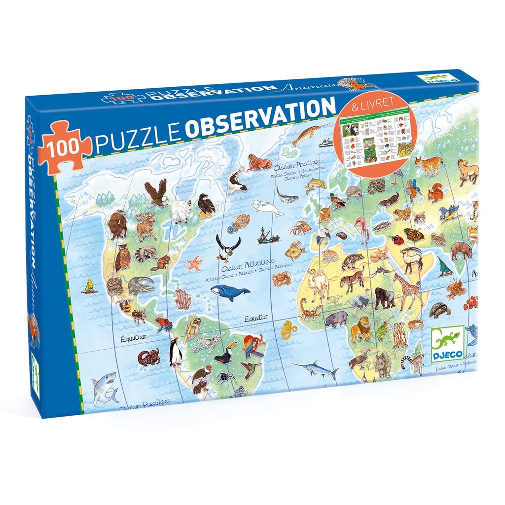 DJECO Observation Puzzle, World Animals, 100-Piece Jigsaw Puzzle, World Map, Animal Hunting Picture Book, Montessori Style, Ages 4, 5, 6, 7, Boys and