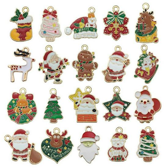 50-Piece Christmas Alloy Enamel Charms Set: Mixed Style DIY Pendants and Dangle Charms.